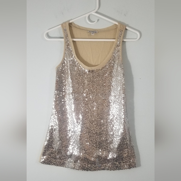 Express Tan & Silver Sequinned Womens Blouse. Size XS. Flashy Night Out Top EUC - Picture 1 of 6